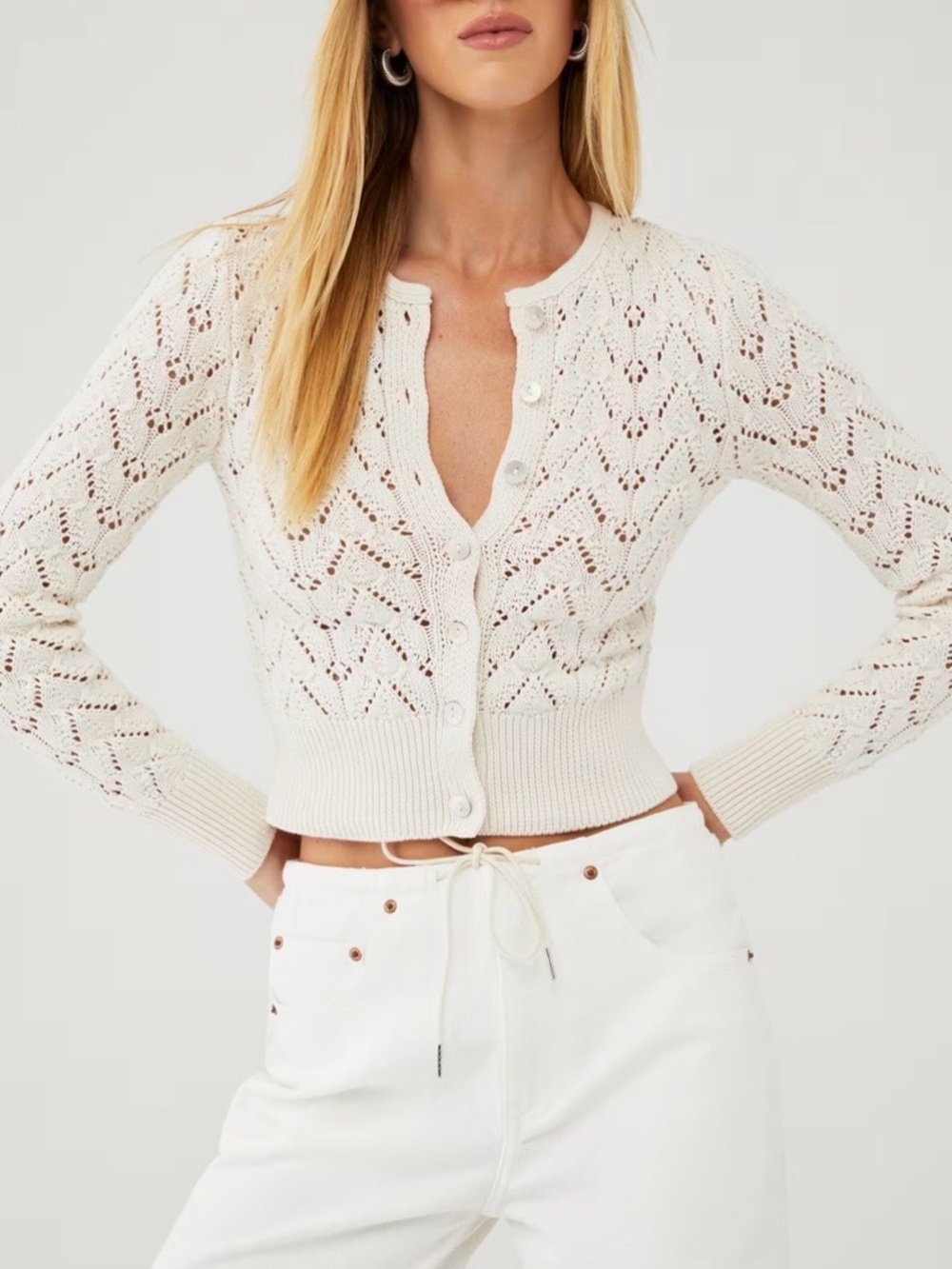 Free People Cream Open-Knit Cropped Button Cardigan